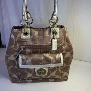 Coach Hamptons Brown & Gold Canvas Lurex Turnlock Shoulder Bag Tote.